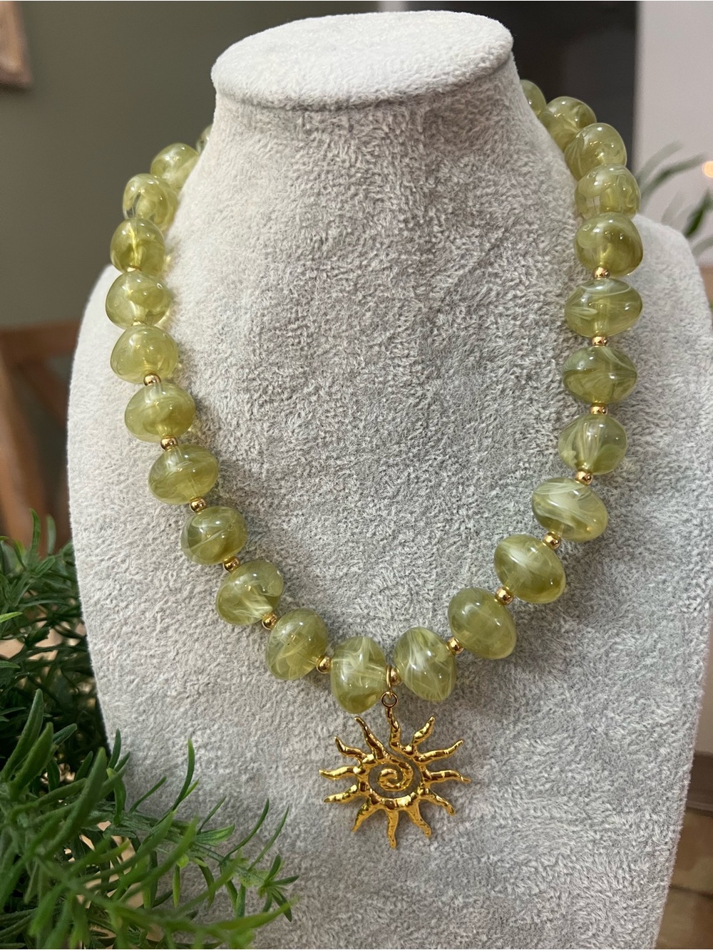 Gold Sun Pendant Olive Green Beaded Necklace